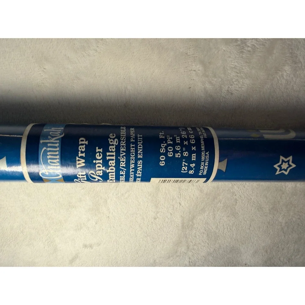 Vintage Chanukah Heavyweight Gift Wrap Menorah Star of David Blue 60 Sq Ft